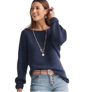 Cabi Utopia Pullover Sweater Navy Blue Asymmetric Hem Ribbed Boat Neck, Size S